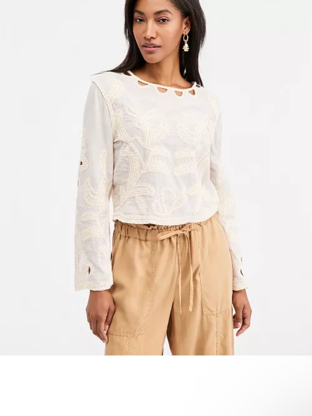 White Embroidered Eyelet Long-Sleeve Top β on 34 th brand